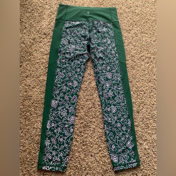 Athleta Legings Green With Flowers Side Pockets Women’s Size M - Picture 3 of 11